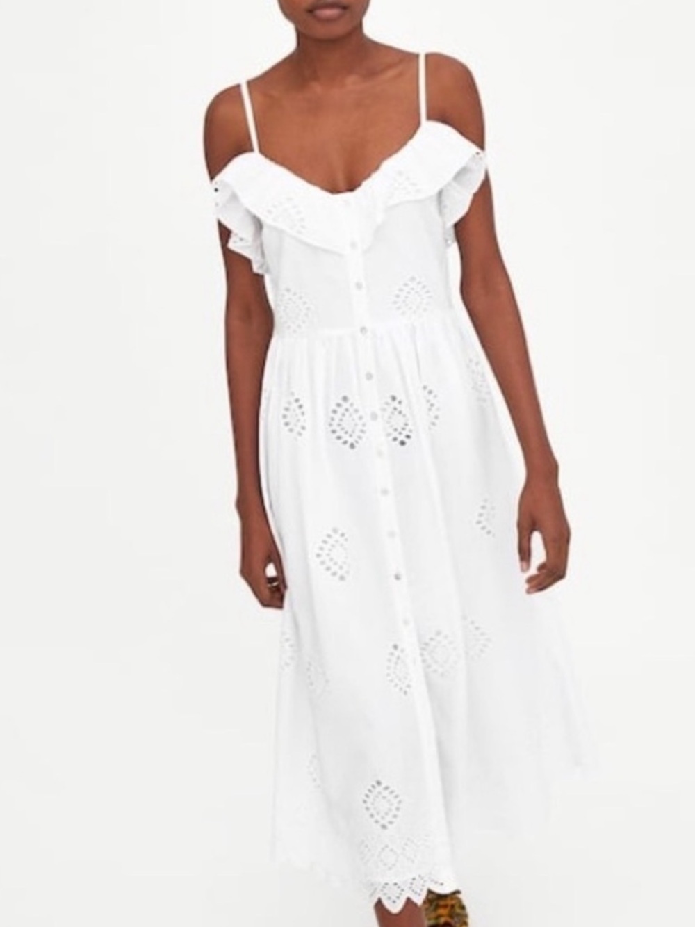 Zara White Eyelet Ruffle Sleeveless Midi Summer Dress Size XS